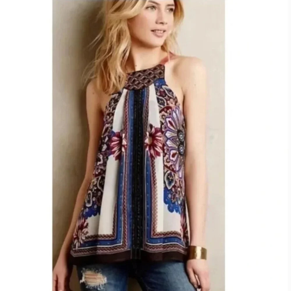 ANTHROPOLOGIE One September brand Scarf Print Halter Top size Medium